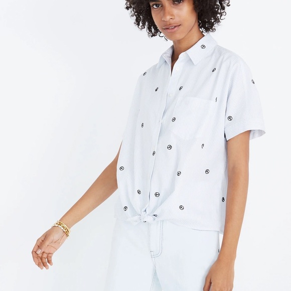 Madewell Peace Sign Embroidered Blue Stripe Short Sleeve Tie Front Top Blouse M - Picture 2 of 7